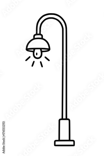 Street Lamp Line Drawing with Curved Pole and Radiating Light