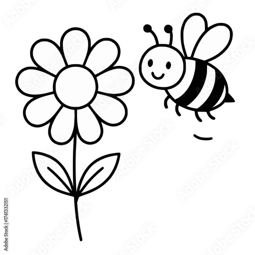 Bee Flying Toward Flower Line Drawing Nature Pollination Scene
