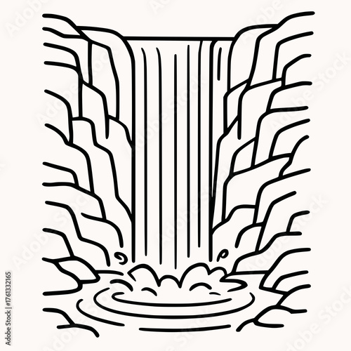 Waterfall Cascading Over Rocks Line Drawing Minimal Nature Scene