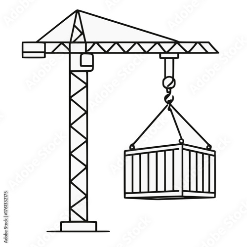 Construction Crane Lifting Cargo Container Line Drawing Illustration