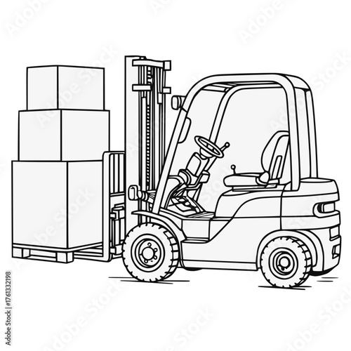 Forklift Carrying Pallet with Boxes Line Drawing Industrial Equipment