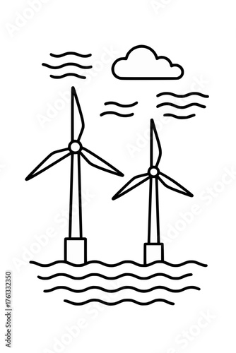 Offshore Wind Turbines Line Drawing with Ocean Waves and Clouds