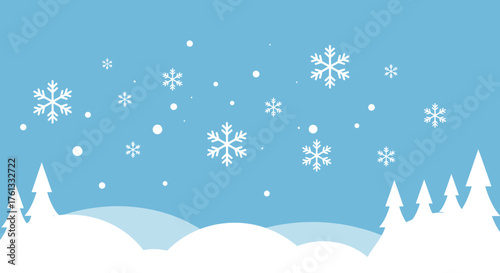 Serene winter landscape with snow-covered hills and falling snowflakes under a clear blue sky