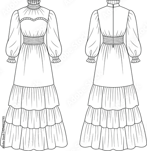 Fashion flat sketch, women’s long tiered maxi dress with puff sleeves, ruffled neck, fitted waist, vintage elegant gown, CAD drawing flat vector illustration