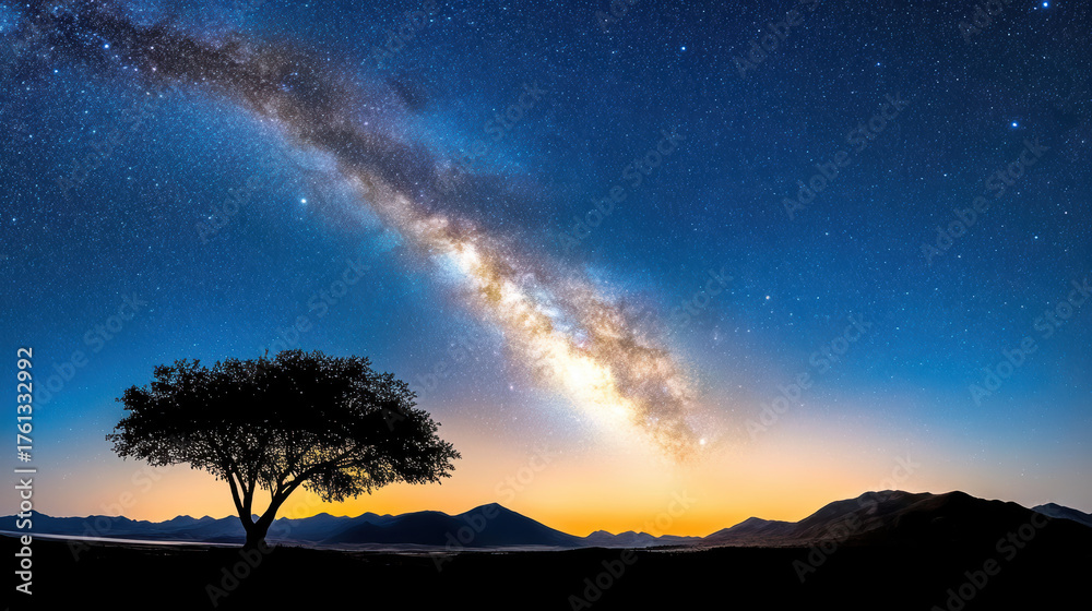 Fototapeta premium Majestic Milky Way arching over silhouette of tree against serene twilight sky