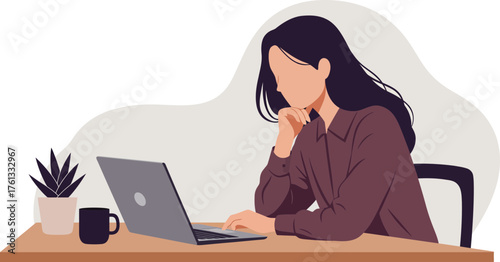 Contemplative woman working on a laptop at home with a potted plant and coffee mug in a modern