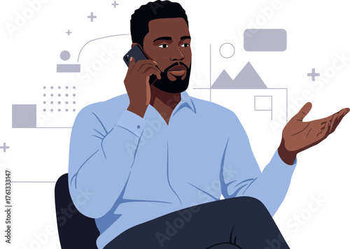 Illustration of a young man engaging in a phone conversation while gesturing expressively against