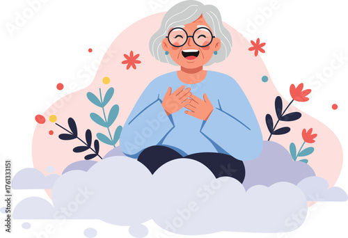 Joyful elderly woman with glasses smiling happily amidst colorful floral elements and soft clouds