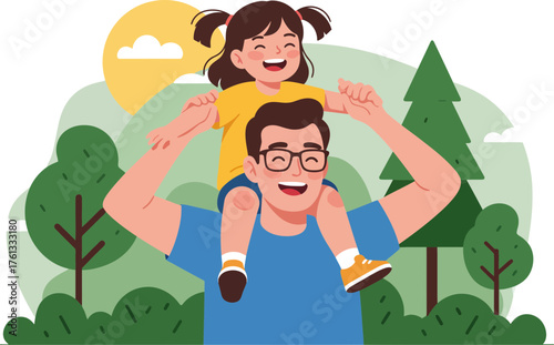 Joyful father and daughter enjoying outdoor playtime amidst nature in a sunny day
