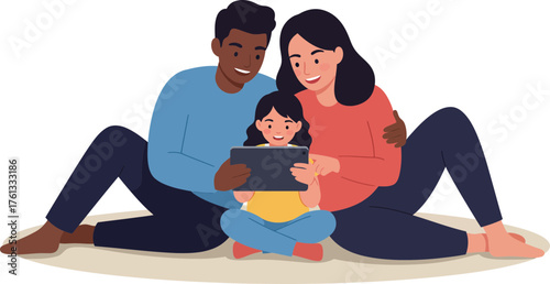 joyful multicultural family enjoying quality time together using a tablet device at home