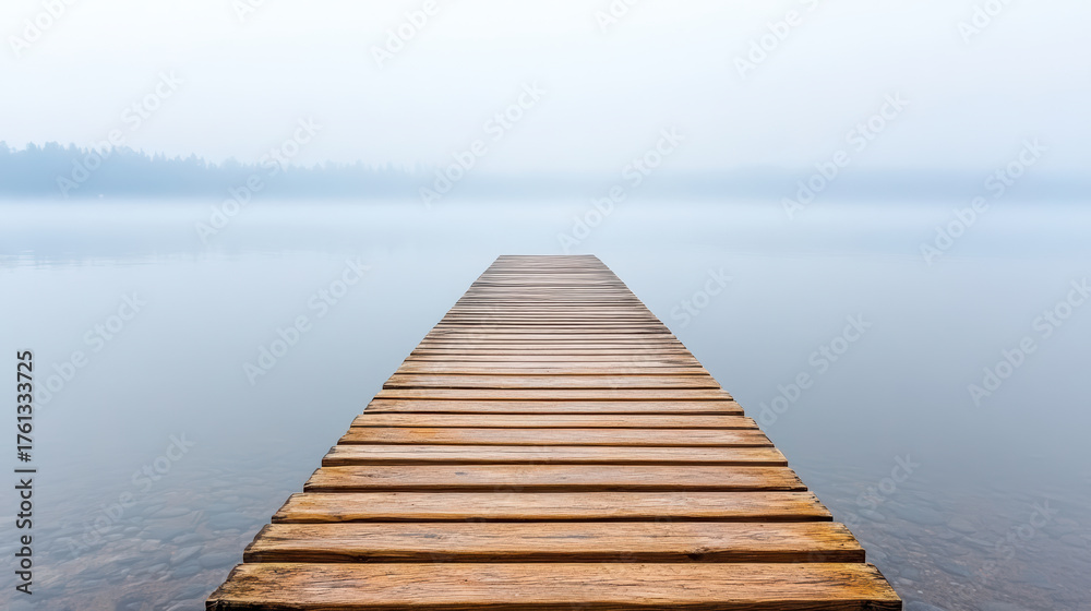 Fototapeta premium Serene wooden pier extends into calm, foggy water, creating meditative atmosphere