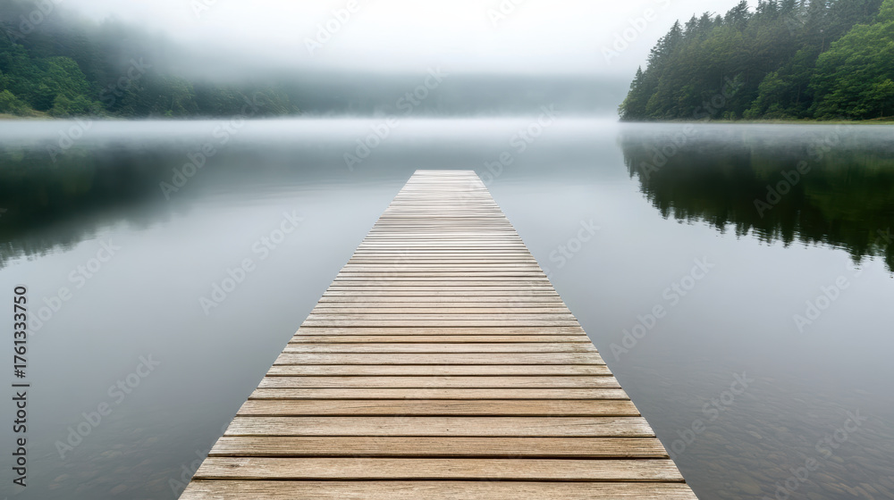 Fototapeta premium Serene wooden pier extends into foggy lake, surrounded by lush greenery, creating meditative