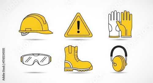 Comprehensive safety gear icons collection featuring hard hat goggles gloves boots ear defenders and warning sign for workplace protection illustration