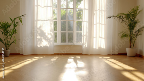 Wallpaper Mural Bright sunlight streams through large windows, casting soft shadows wooden floor, creating Torontodigital.ca