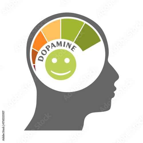 Human head and hormone dopamine level scale. Concept of medicine and pharmacy.