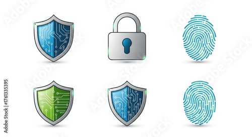 Digital security icons set featuring shields padlock and fingerprints for data protection and privacy concepts illustration