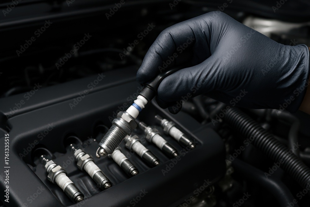 Naklejka premium Automotive technician wearing a black glove holding a spark plug for engine maintenance