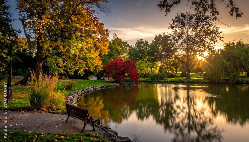Fototapeta premium Peaceful Autumn Park Scene with Lake at Sunset.