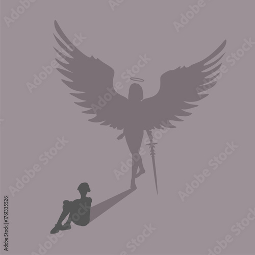 Woman dreams of becoming a superhero. Female silhouette casting a shadow with wings angel. Power and ambition. Warlike girl goddess. Lady elf holding sword in hand.