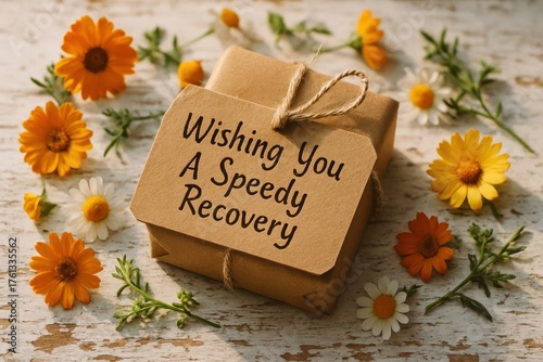 Rustic gift box with wishing you a speedy recovery tag surrounded by colorful flowers