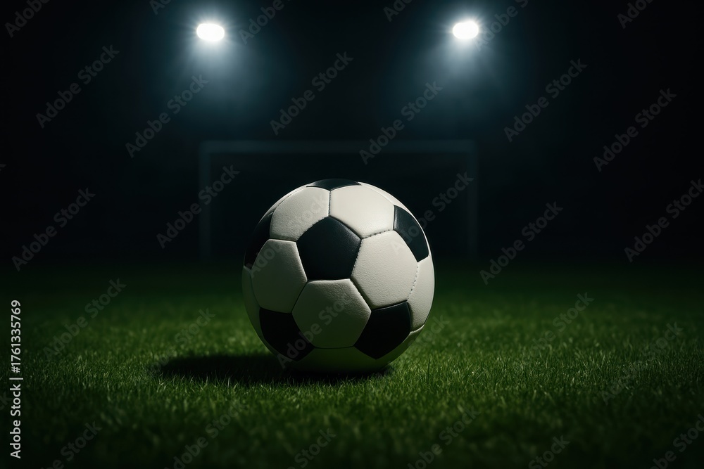 Fototapeta premium Classic black and white soccer ball on green grass field under stadium lights at night with goal