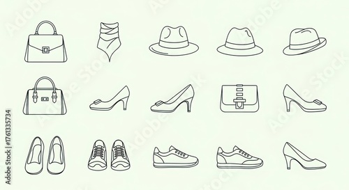 Collection of fashionable accessories including handbags hats and shoes depicted in a sketchy line art style illustration