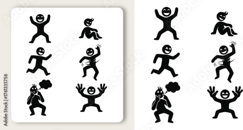 Dynamic stick figure silhouettes conveying joy movement and varied emotions in diverse poses against a white