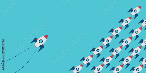 Single rocket ship leading a formation of rockets on a blue background