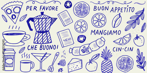 Italian food and drink doodle collection with handwritten phrases for a whimsical culinary theme