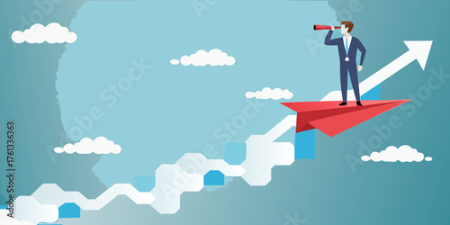 Businessman riding a red paper airplane on an upward trending arrow graph looking through a telescope