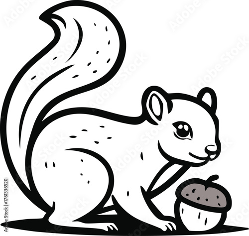 A cute cartoon squirrel with a bushy tail holding an acorn, a simple black and white line art vector illustration concept for a logo or mascot