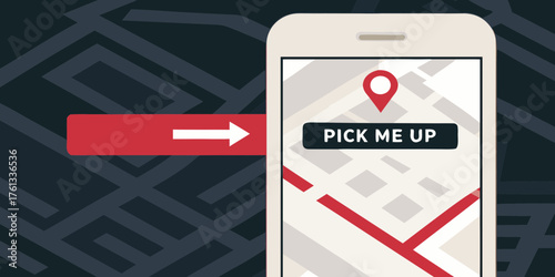 Modern smartphone displaying a map with a pickup location pin and a prominent pick me up button on a stylized background