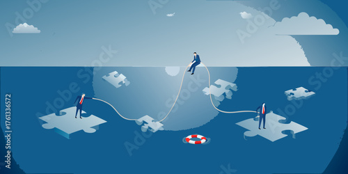 Businessmen connecting puzzle pieces across a body of water with a rope and life preserver symbolizing teamwork and problem solving