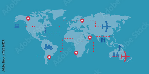 Global logistics and transportation network connecting continents with various modes of transport and people icons