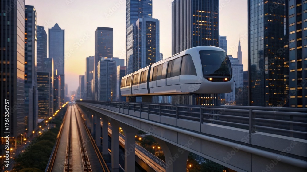Naklejka premium A modern monorail glides above a city skyline at sunset, surrounded by tall buildings and illuminated by soft evening light.