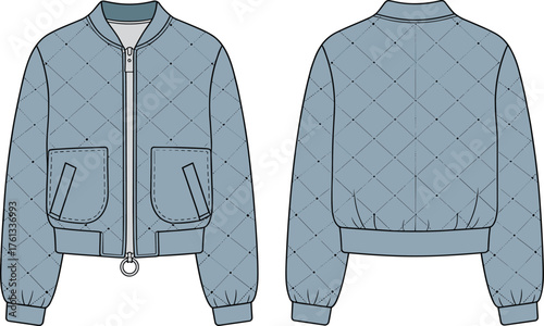Quilted bomber jacket flat sketch, modern outerwear design, padded winter coat fashion template, stylish apparel CAD drawing flat vector illustration