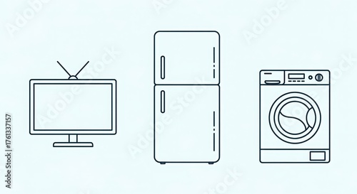 Line art depiction of essential home appliances television refrigerator and washing machine for modern living spaces illustration