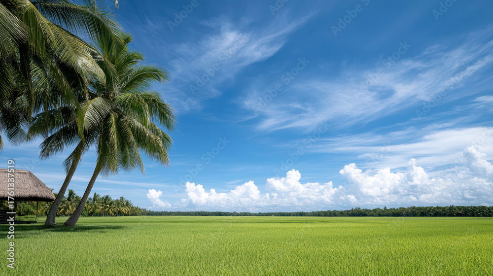 Obraz premium Lush green rice fields stretch under bright blue sky, framed by tall palm trees swaying gently