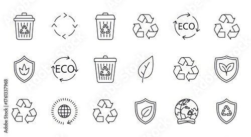 Collection of hand-drawn eco-friendly icons featuring recycling symbols trash bins and leaves for environmental campaigns illustration