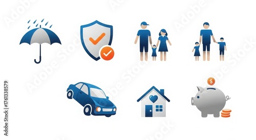 Diverse insurance and financial icons representing protection savings family home car umbrella shield illustration