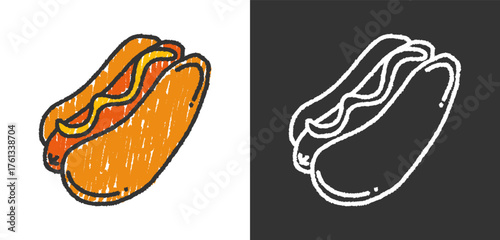 Hand drawn crayon style hotdog illustration with mustard, perfect for food designs, posters, stickers, and digital artwork