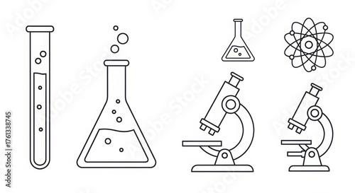 Collection of scientific laboratory equipment icons featuring test tubes beakers microscopes and molecular models for educational and research purposes illustration