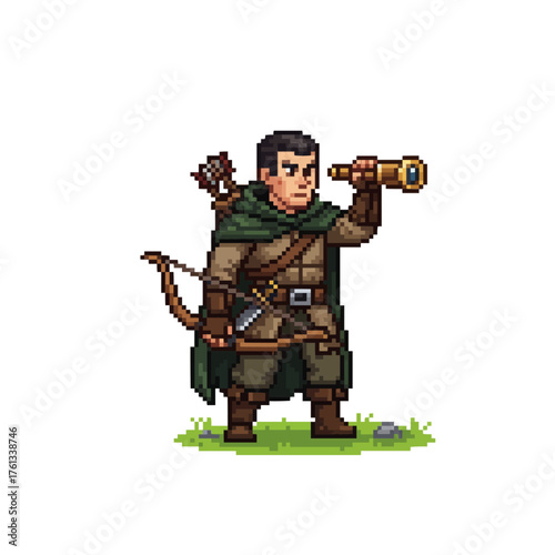 pixel art fantasy ranger scout with bow looking through telescope, adventurer game character sprite.