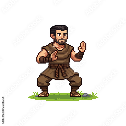 pixel art martial artist warrior in fighting stance, fantasy monk game character sprite.