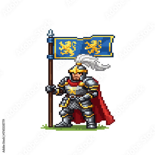 pixel art royal knight standard bearer holding lion banner, medieval game character sprite.