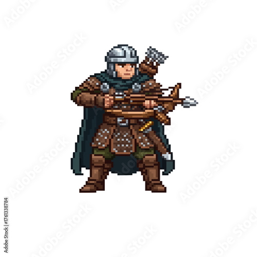 pixel art medieval crossbowman warrior with bolts and leather armor, fantasy game character sprite.