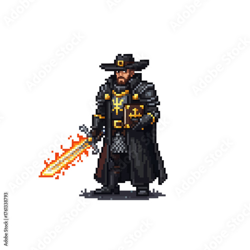 pixel art dark fantasy witch hunter with flaming sword, gothic warrior game character sprite.