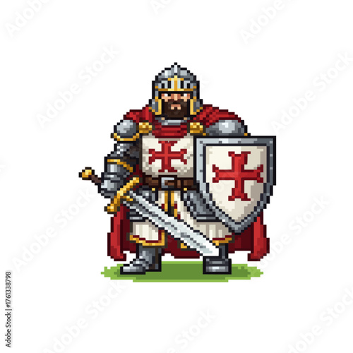 pixel art crusader knight warrior with sword and shield, templar medieval game character sprite.