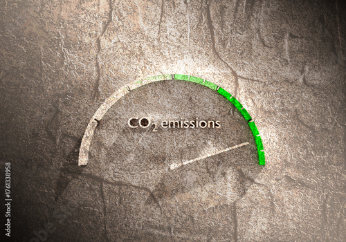 Carbon dioxide emission reduce measuring device with arrow and scale.