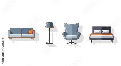 Modern furniture icon set, minimalist home interior design elements, flat vector illustration of sofa, lamp, armchair, and bed